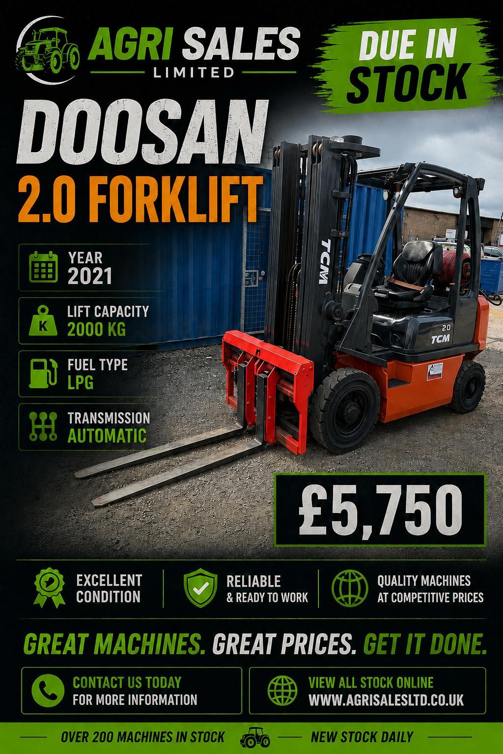 DOOSAN 2.0 FORKLIFT*C/W PALLET TINES*YEAR 2021
