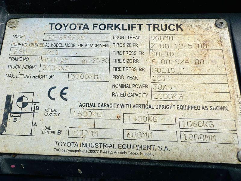 TOYOTA 02-8FGF20 FORKLIFT*YEAR 2011*SPARES AND REPAIRS*VIDEO*