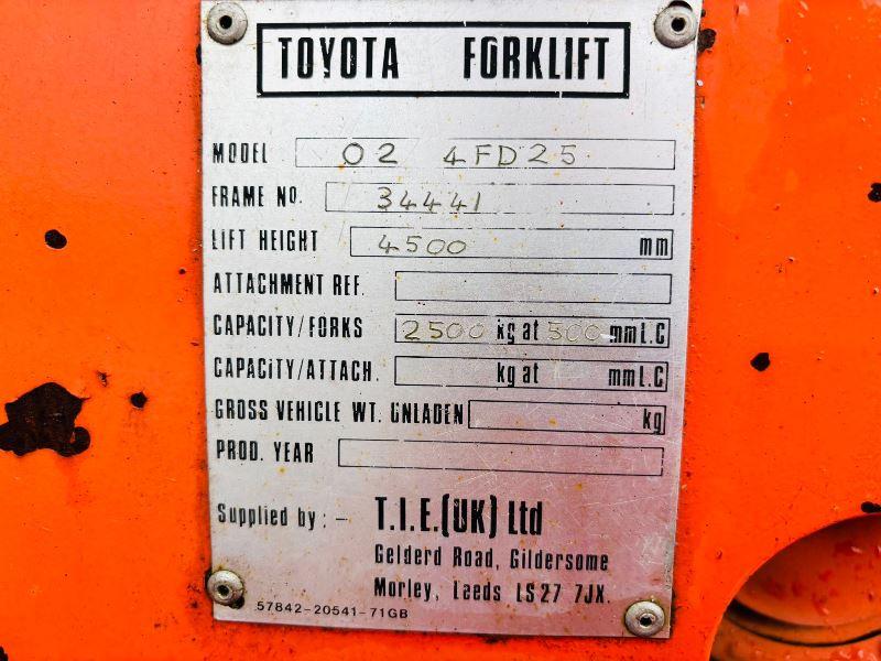 TOYOTA 4FD25 DIESEL FORKLIFT C/W 2 STAGE MAST *VIDEO*