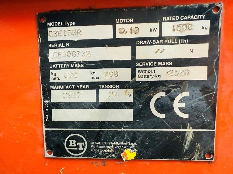 BT C3E150R ELECTRIC FORKLIFT*C/W PALLET TINES*NEEDS CHARGING*VIDEO*