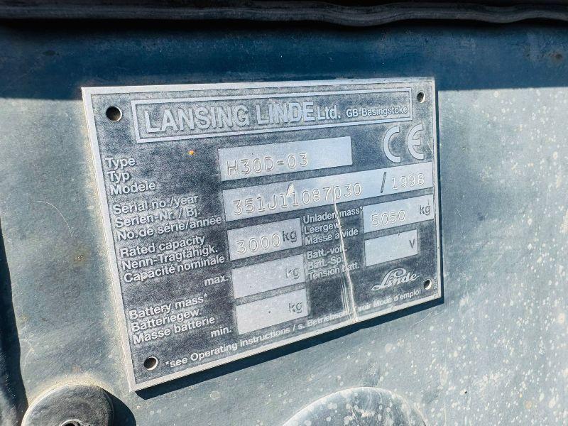 LINDE H30D-03 FORKLIFT*C/W PALLET TINES*VIDEO*
