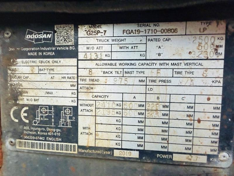 DOOSAN G25P-7 FORKLIFT*C/W FORK POSITIONER*YEAR 2019*VIDEO*