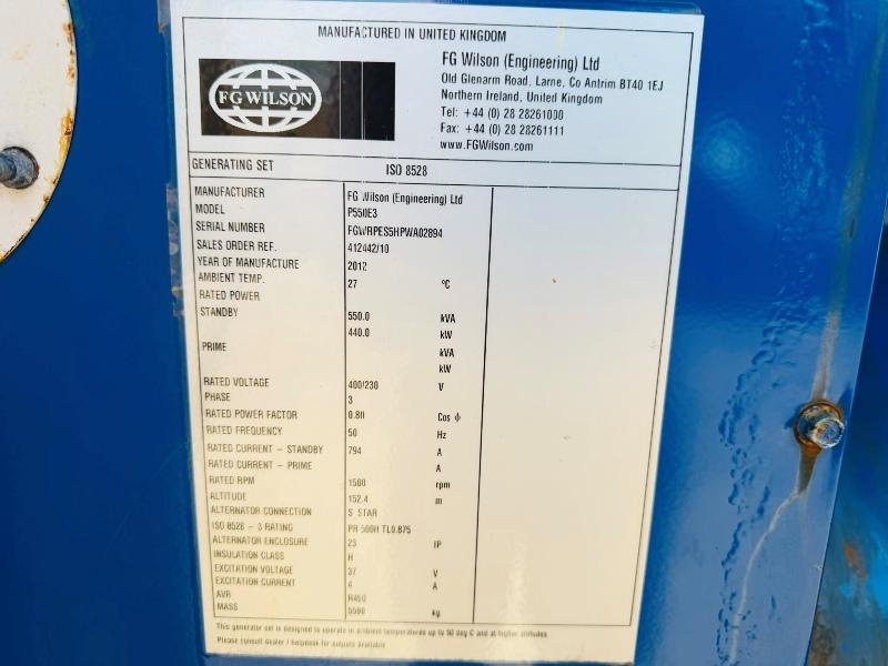 FG WILSON P550E3 550 KVA GENERATOR*C/W PERKINS ENGINE*YEAR 2012*VIDEO*