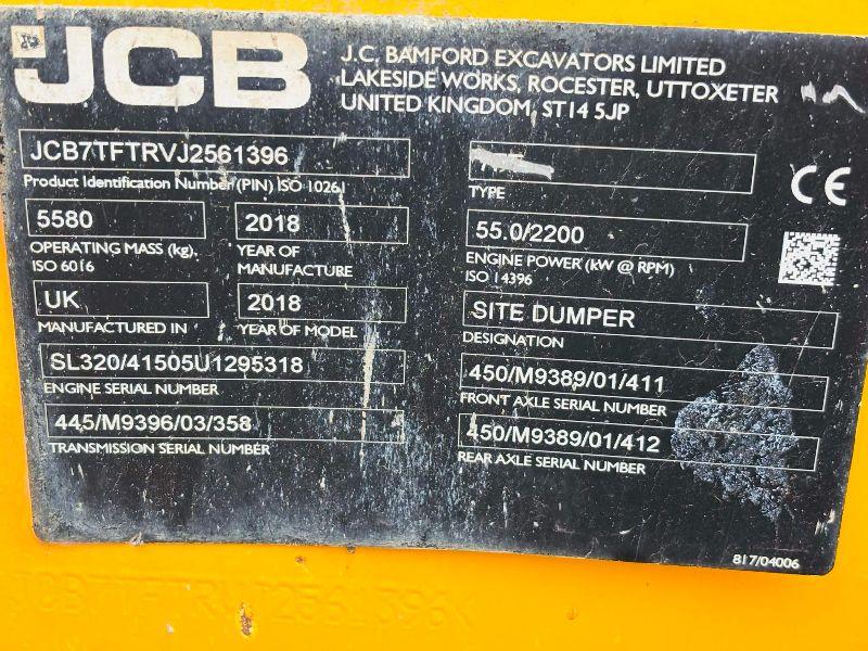 JCB 7FT 7 TONNE STRAIGHT TIP DUMPER*READING 1128 HOURS*YEAR 2018*VIDEO*