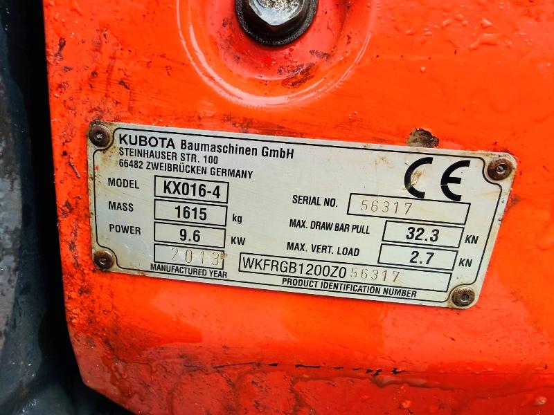 KUBOTA KX016-4 EXCAVATOR*C/W BUCKET*YEAR 2013*2212 HOURS*VIDEO*
