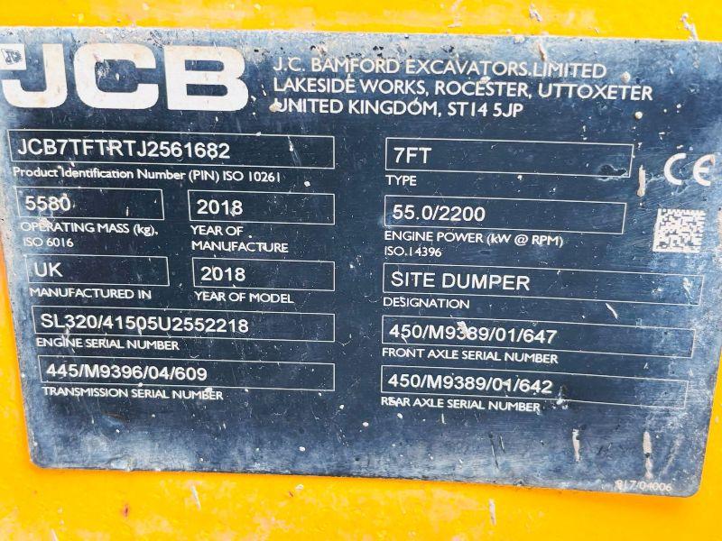JCB 7FT 7 TONNE STRAIGHT TIP DUMPER* READING 1285 HOURS*YEAR 2018*VIDEO*