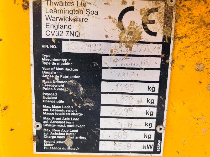 THWAITES 1 TON HIGH TIP DUMPER *YEAR 2019, ONLY 1112 HOURS* C/W ROLE BAR *VIDEO*