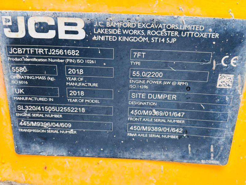 JCB 7FT 7 TONNE STRAIGHT TIP DUMPER* READING 1286 HOURS*YEAR 2018*VIDEO*