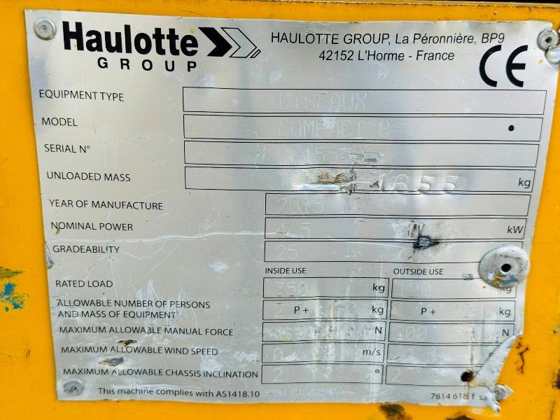 HAULOTTE COMPACT 8 SCISSOR LIFT*YEAR 2015*SPARES AND REPAIRS*VIDEO*