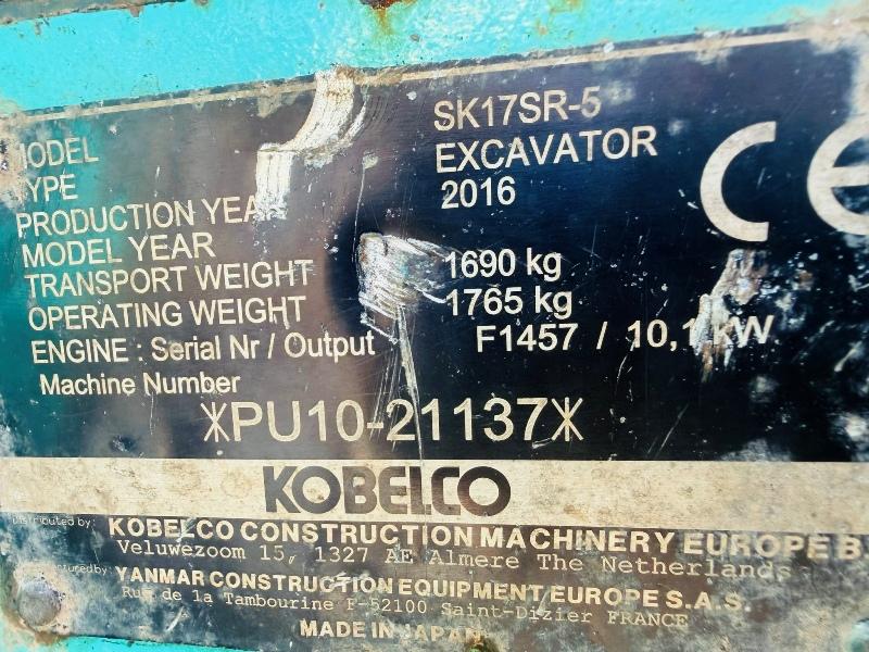 KOBELCO SK17SR-5 EXCAVATOR*YEAR 2016*C/E BUCKET*VIDEO*