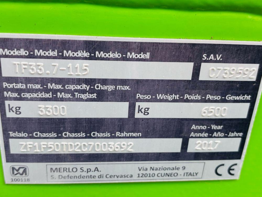 MERLO TF33.7 115 TURBO TELEHANDLER*AG SPEC *C/W PALLET TINES*YEAR 2017*VIDEO*