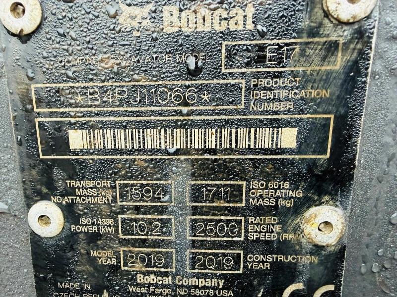 BOBCAT E17 EXCAVATOR*1503 HOURS*YEAR 2019*C/W BUCKET*VIDEO*