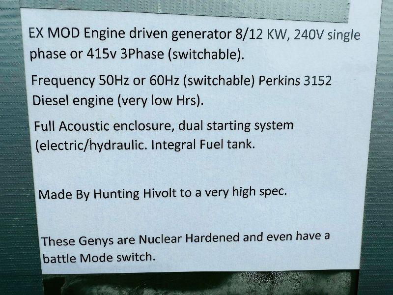 EX MOD ENGINE DRIVEN GENERATOR*C/W SINGLE OR 3PHASE*VIDEO*
