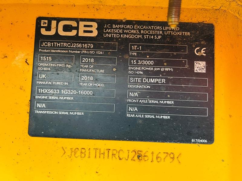 JCB 1T-T HIGH TIP 4WD DUMPER *YEAR 2018, ONLY 722 HOURS* C/W KUBOTA ENGINE *VIDEO*