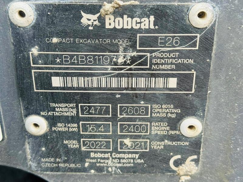 BOBCAT E26 EXCAVATOR*YEAR 2022*ONLY 1532 HOURS*VIDEO*