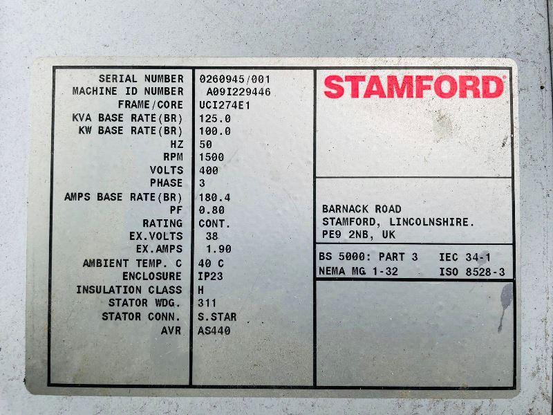 STAMFORD 125KVA 3 PHASE GENERATOR *YEAR 2009* C/W MAN E0836 E302 GAS ENGINE *VIDEO*