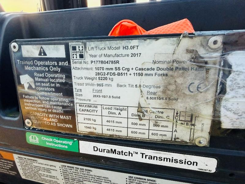 HYSTER H3.0FT CONTAINER SPEC FORKLIFT*C/W PALLET TINES*YEAR 2017*VIDEO*