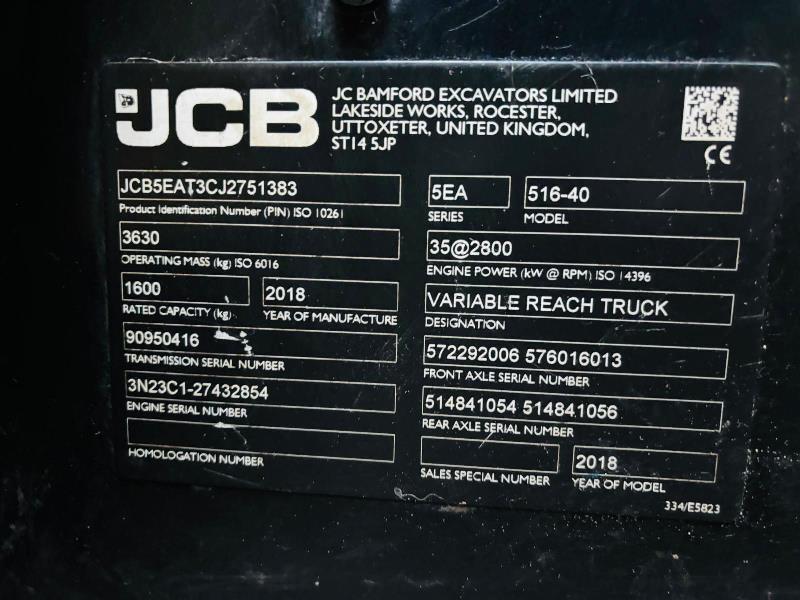 JCB 516-40 4WD TELEHANDLER *YEAR 2018, 68 PLATE, 1034 HOURS* C/W PALLET TINES *VIDEO*