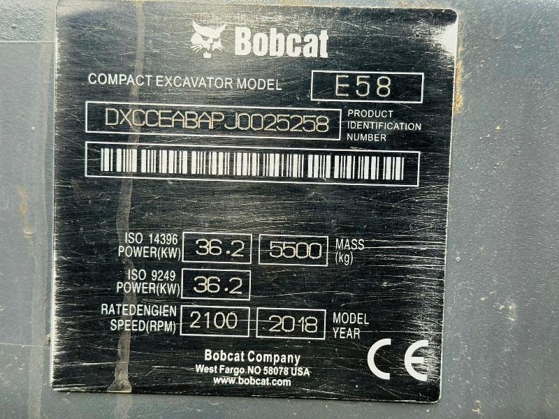 BOBCAT E58 EXCAVATOR*YEAR 2018*C/W BUCKET*VIDEO*