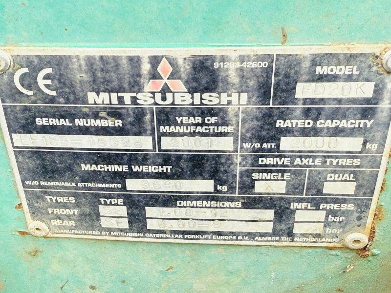 MITSUBISHI FD20K CONTAINER SPEC FORKLIFT*C/W PALLET TINES*VIDEO*