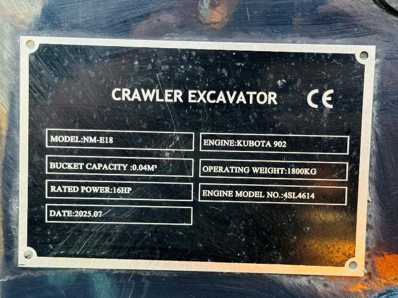AUGER NM-E18 MINI EXCAVATOR*ONLY 56 HOURS*C/W KUBOTA ENGINE*YEAR 2025*VIDEO*