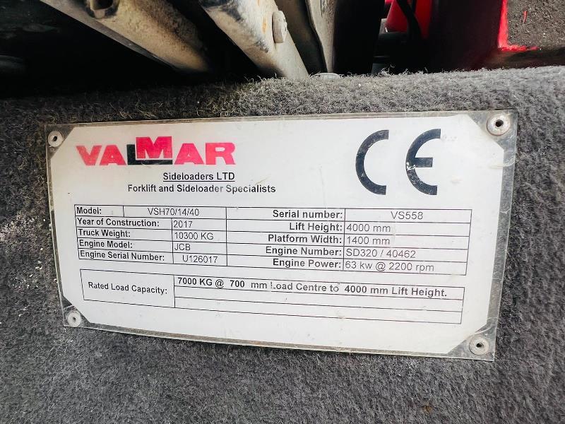 VALMAR VSH70/14/40 SIDE LOADING FORKLIFT *YEAR 2017* C/W TINE POSITIONER *VIDEO*