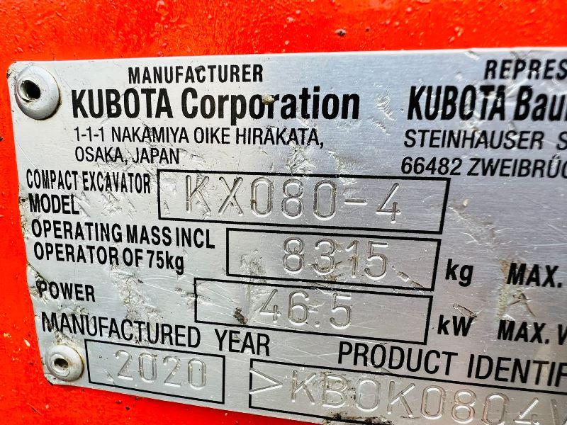 KUBOTA KX080-4 EXCAVATOR *ZERO SWING, YEAR 2020, 3497 HOURS* C/W QUICK HITCH *VIDEO*