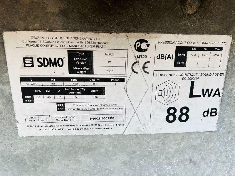 SDMO R66C2 60KVA GENERATOR *YEAR 2010* C/W JOHN DEERE ENGINE *VIDEO*