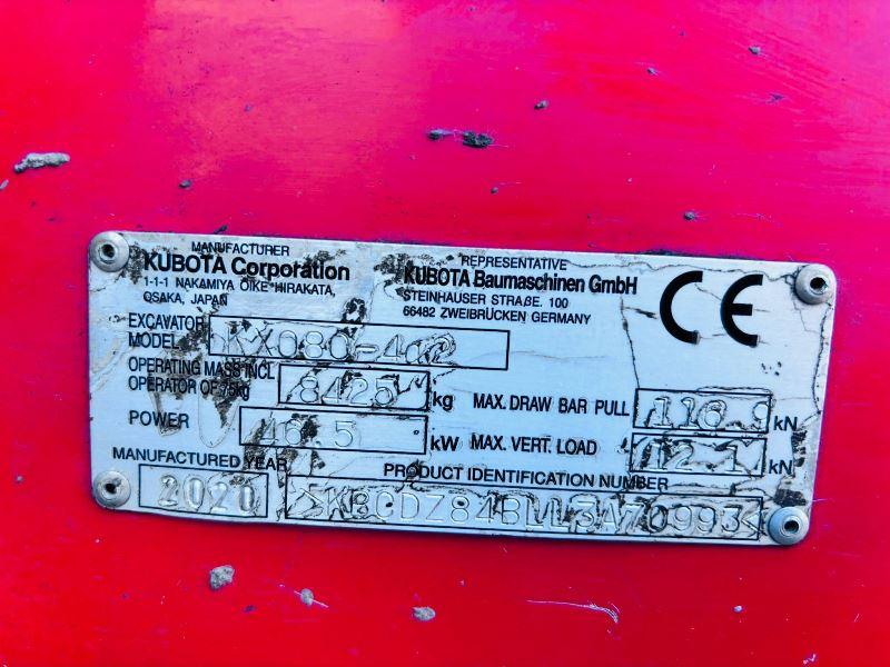 KUBOTA KX080-4A2 EXCAVATOR *YEAR 2020, 3137 READING* C/W 3 X BUCKETS *VIDEO*