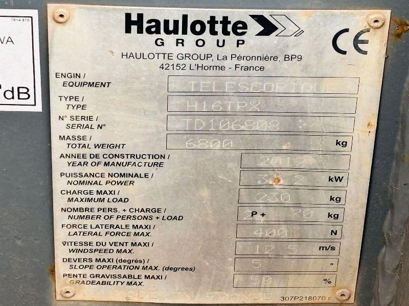 HAULOTTE H16TPX AIREL PLATFORM *16M REACH, YEAR 2012* C/W TELESCOPIC BOOM 