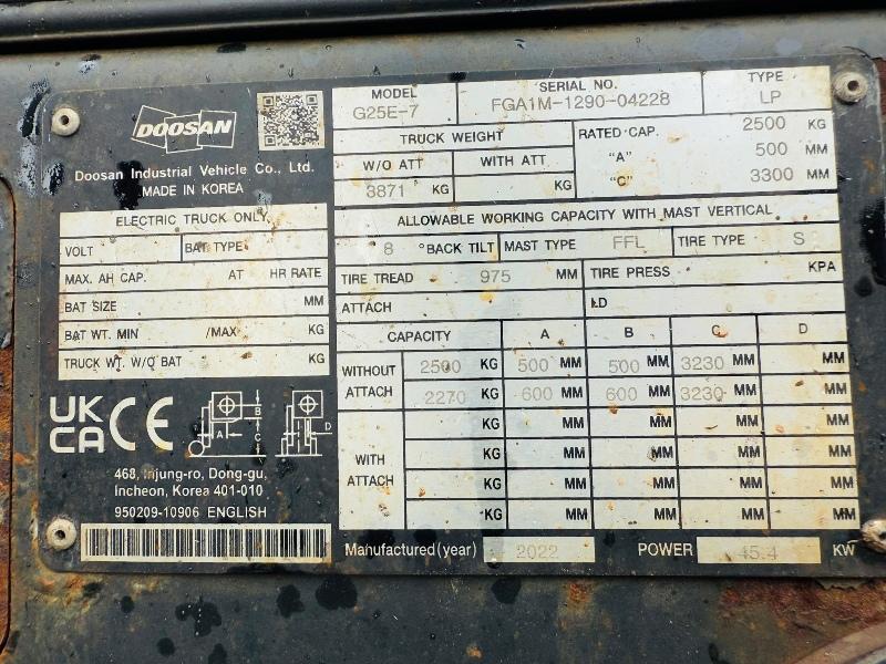 DOOSAN G25E-7 FORKLIFT*C/W PALLET TINES*YEAR 2022*VIDEO*