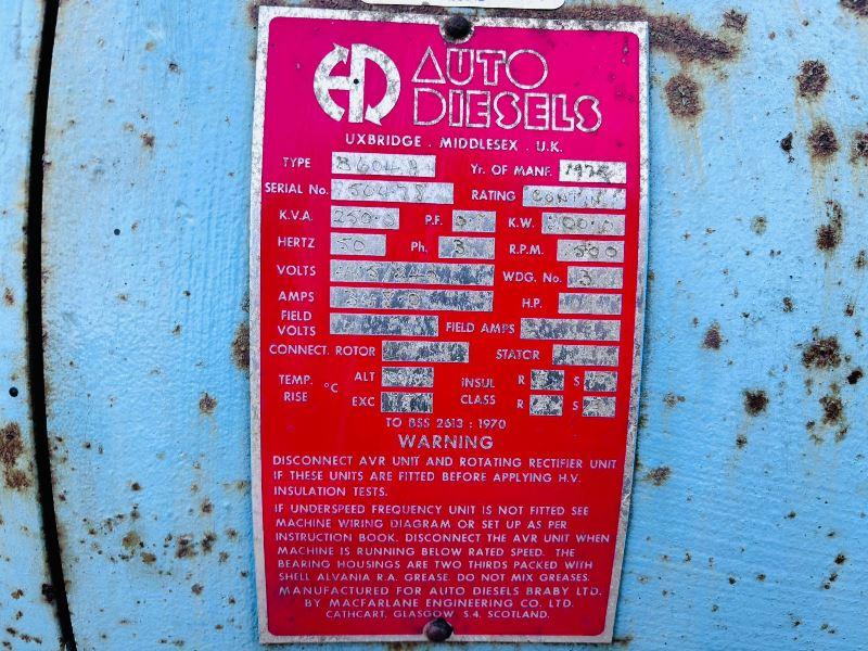 AUTO DIESEL 3604A 250KVA GENERATOR C/W CUMMINS ENGINE *VIDEO*