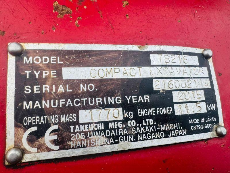 TAKEUCHI TB216 EXCAVATOR*C/W BUCKET*YEAR 2015*VIDEO*